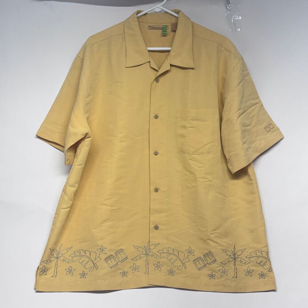 Havanero Co Men’s Cuban Guayabera Shirt Yellow Palm Trees Bongos Cruise XL